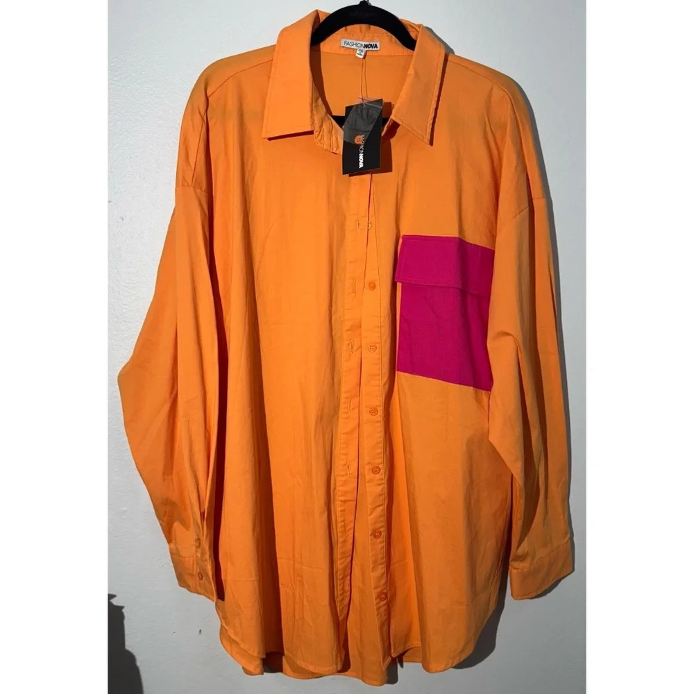 Fashion Nova Chelsea Oversized Poplin Shirt - Orange/combo - Picture 4 of 5